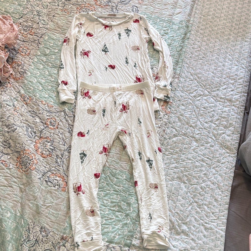Kids White Holiday Pajama Set with Red and Green Print